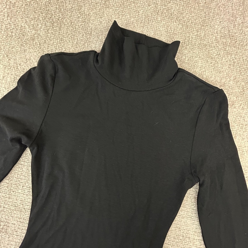 Commense Bodycon Dress Womens XS Black Rayon Stretch Turtleneck Keyhole Back
